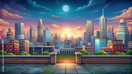 Cartoon cityscape with a large moon in the sky, set at sunset with clouds filling the sky, creating a serene and peaceful atmosphere. Background for the game.
