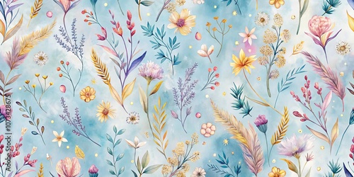 Delicate Watercolor Floral Design with Softly Blending Blue and Pink Tones Featuring Delicate Flowers, Leaves, and Feathers