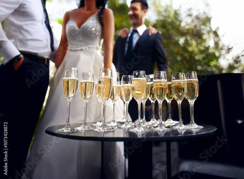 A table full of champagne flutes sits in the foreground of a wedding reception, with the newly married couple and a guest standing blurred in the background. photo