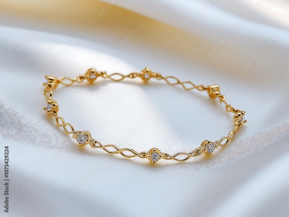 A delicate gold anklet with diamond details, neatly laid on a white background A delicate gold anklet with diamond details, neatly laid on a white background