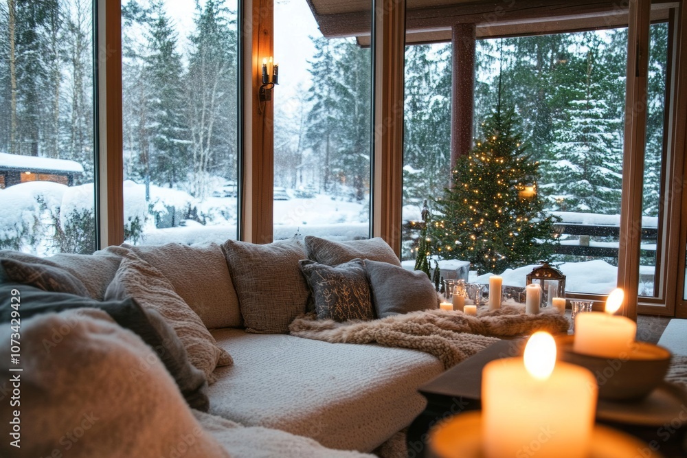 Fototapeta premium Cozy Living Room with Window View of Snowy Forest and Christmas Tree