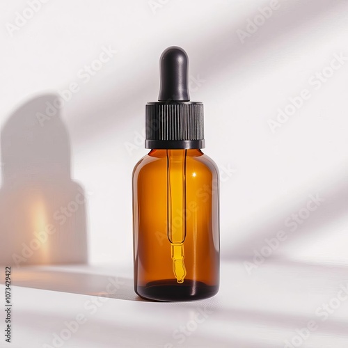 Minimalist skincare bottle, diffused light, high reflection, clean white background