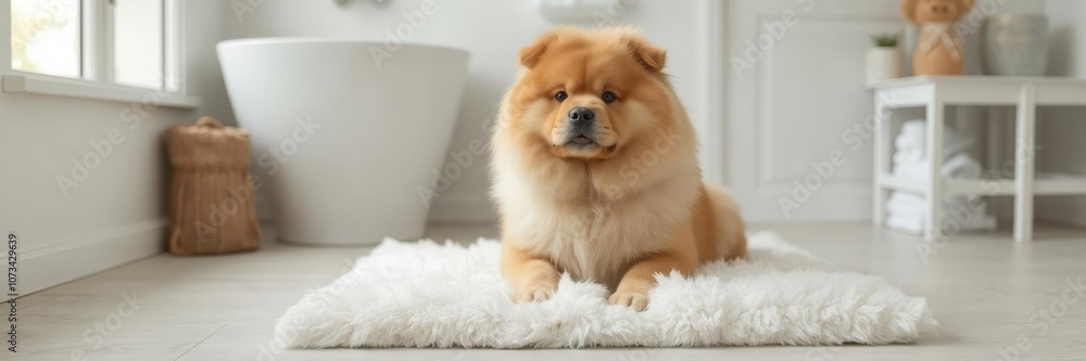 Chow chow dog sitting on a fluffy bath mat in a modern bathroom, bathroom, fluffy Chow chow dog sitting on a fluffy bath mat in a modern bathroom, bathroom, fluffy
