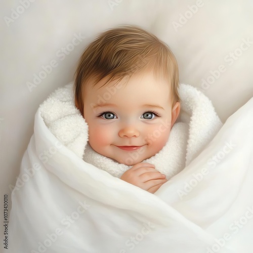 Portrait of a baby with diffused lighting, soft and joyful