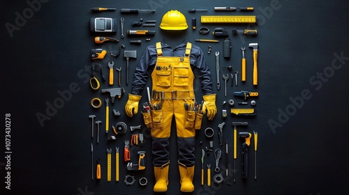 A graphic featuring a collection of construction tools and gear arranged in the shape of a person, including a yellow hard hat, tool belt, gloves, AI Generative photo