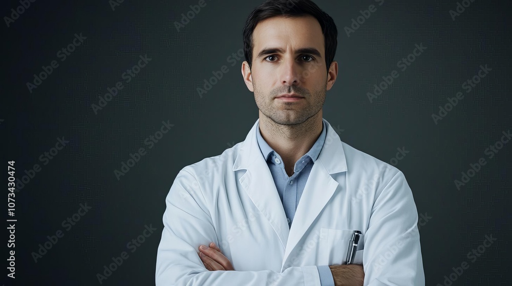 Portrait of a scientist in lab coat, diffused lighting, serious expression Portrait of a scientist in lab coat, diffused lighting, serious expression