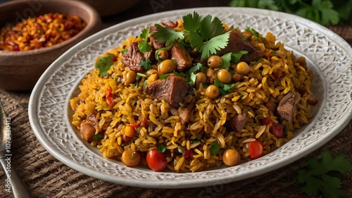 Traditional Indian Biryani Dish Served In A Bowl With Vibrant Spices And Herbs Delicious And Flavorful Asian Cuisine Highlighting Aromatic Rice And Seasoned Meat With Garnishes