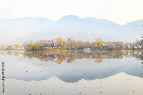 Autumn morning scenery of Wiyangji (pond) in Miryang, Gyeongsangnam-do, Korea photo