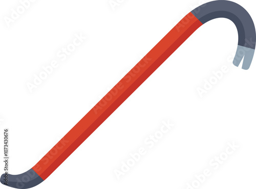 Red crowbar with grey tip lying diagonally on white background
