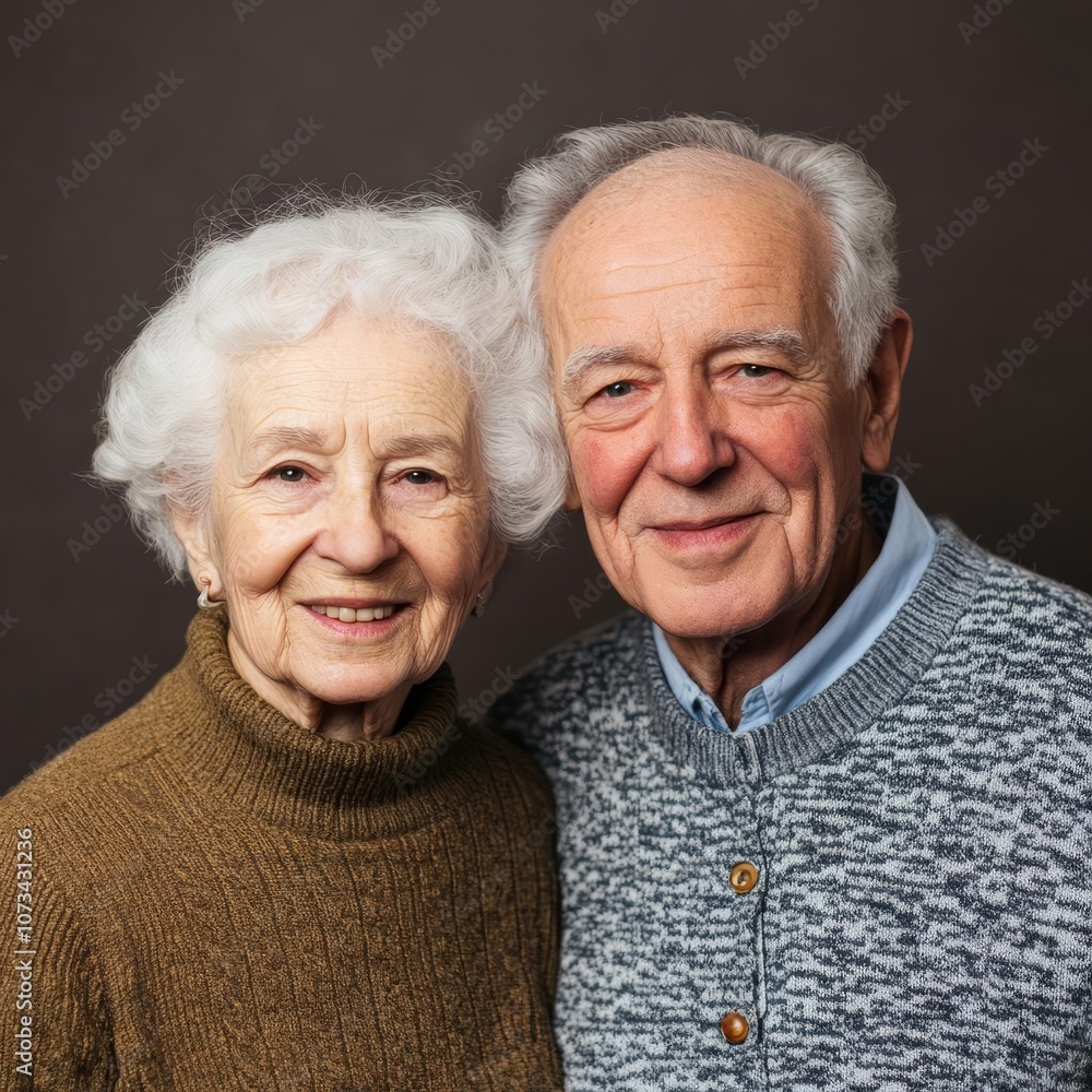 Portrait of elderly couple smiling, diffused lighting, warm and intimate setting Portrait of elderly couple smiling, diffused lighting, warm and intimate setting