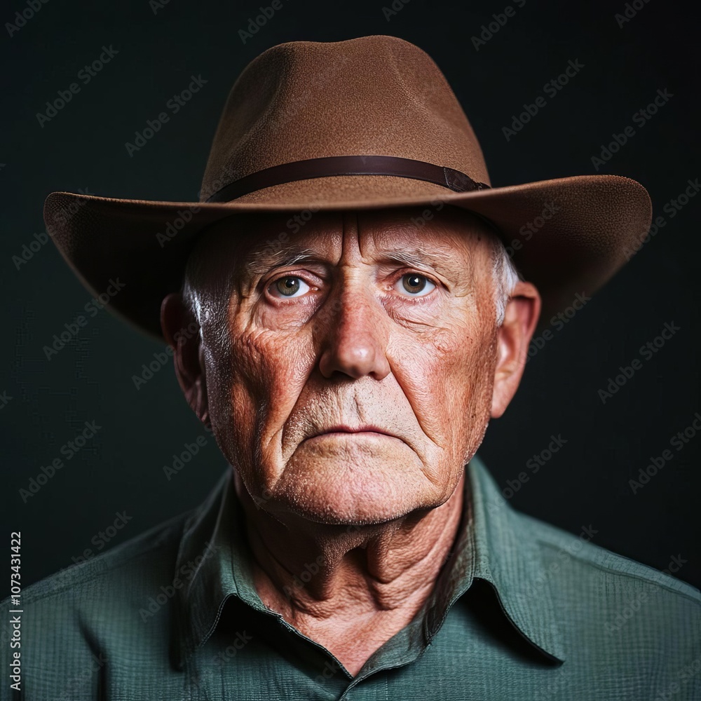 Portrait of elderly man with hat, diffused light, rugged face, studio backdrop Portrait of elderly man with hat, diffused light, rugged face, studio backdrop