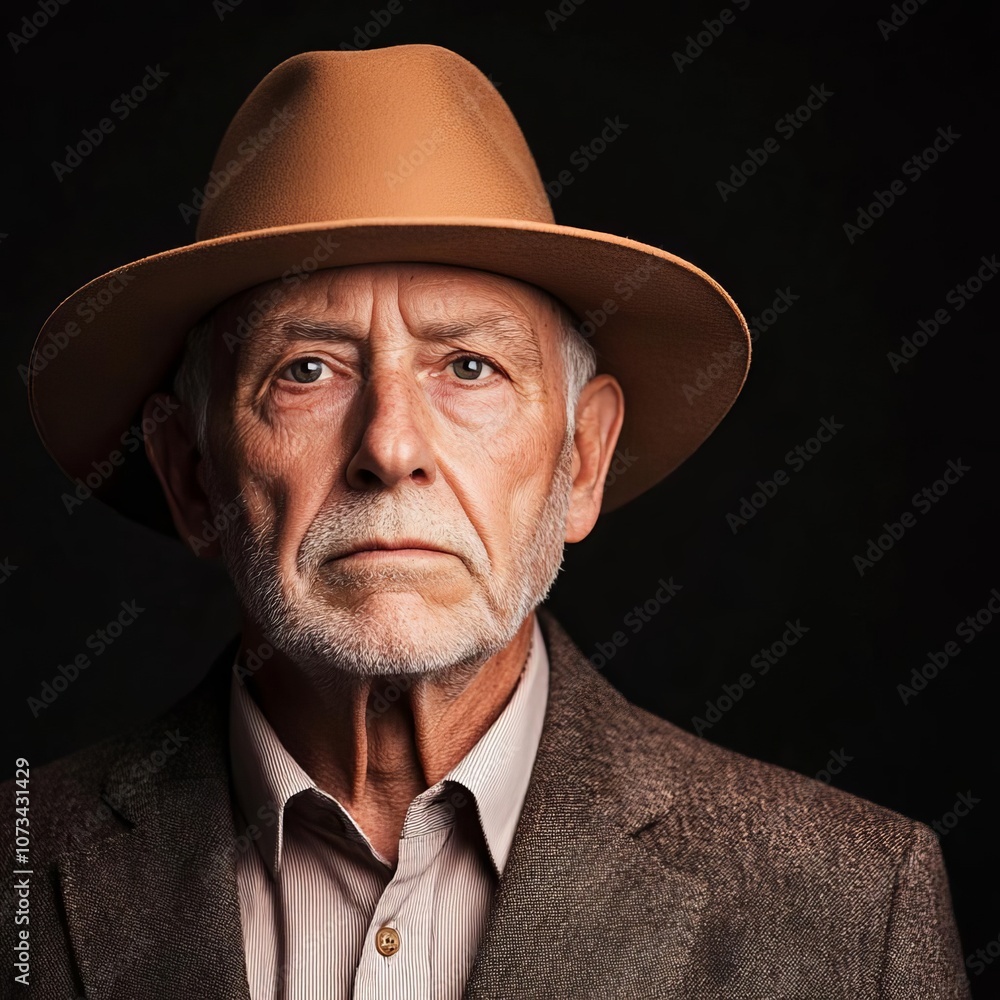 Portrait of elderly man with hat, diffused light, rugged face, studio backdrop Portrait of elderly man with hat, diffused light, rugged face, studio backdrop