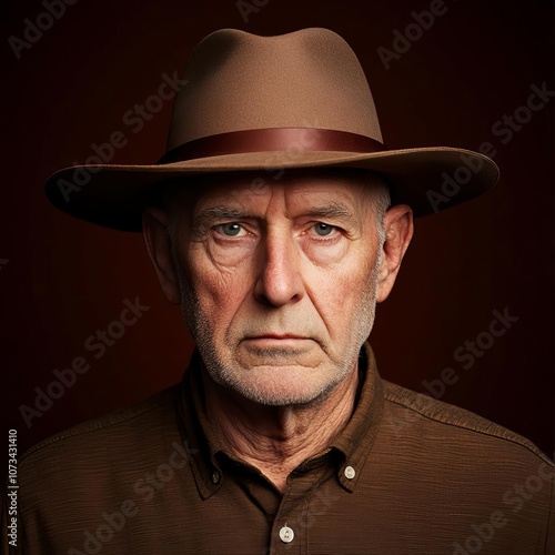 Portrait of elderly man with hat, diffused light, rugged face, studio backdrop