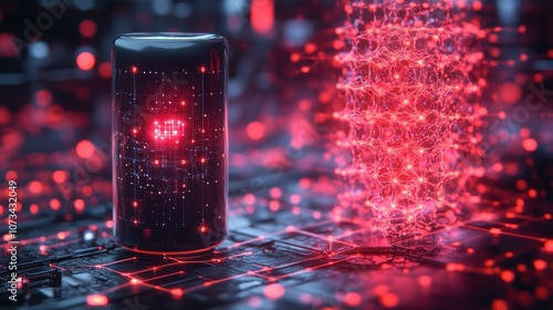 Illustration of a graphene battery next to a 3D atomic structure of graphene.