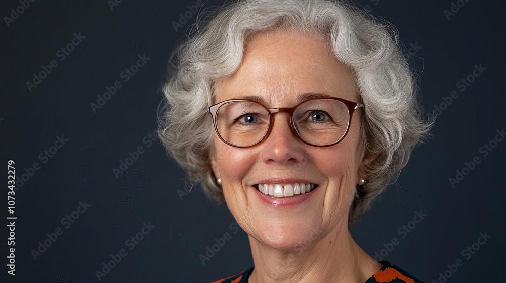 Portrait of senior woman with glasses, diffused lighting, warm smile Portrait of senior woman with glasses, diffused lighting, warm smile