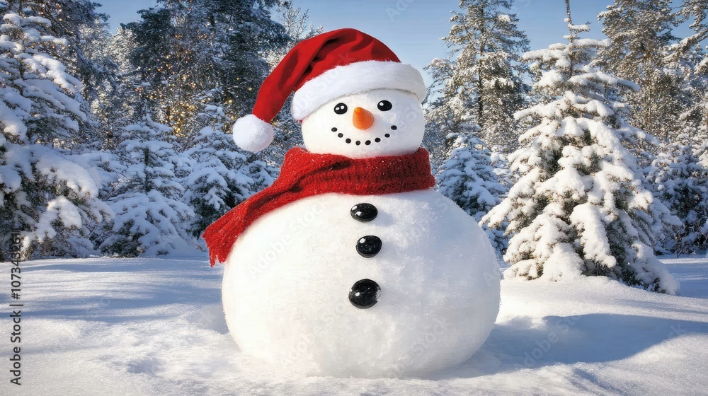 Snowman with a Santa hat, standing in a cold winter scene, with snow-covered trees and festive lights twinkling around. Snowman with a Santa hat, standing in a cold winter scene, with snow-covered trees and festive lights twinkling around.