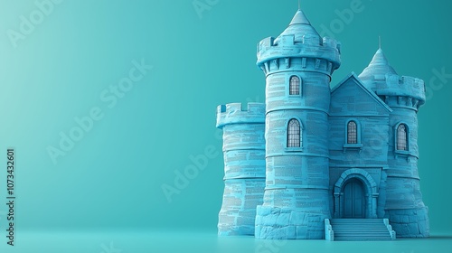 Fantasy castle in a vibrant turquoise setting showcasing intricate architecture and whimsical design, ideal for backgrounds, fantasy themes, and dreamlike environments.