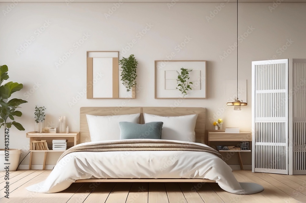 Interior of bedroom with bed, shelving unit and folding screen Interior of bedroom with bed, shelving unit and folding screen