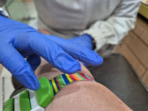 The nurse prepares a blood sample from the patient's arm for a blood test.