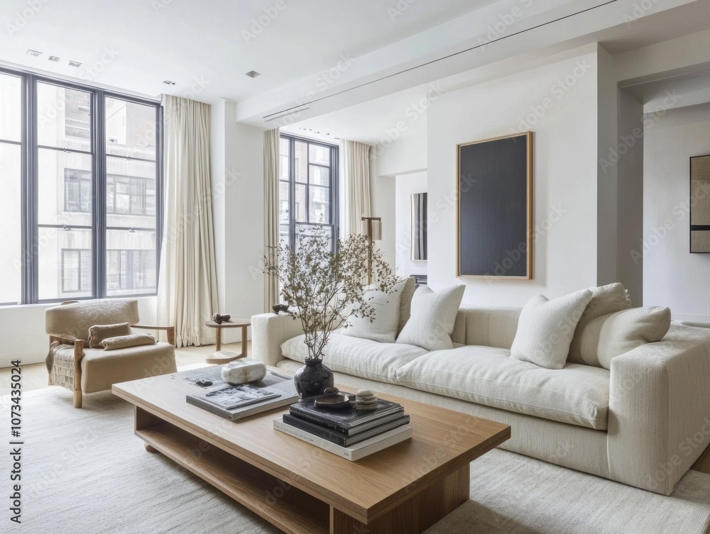 Fototapeta premium Minimalist Living Room with Large Windows and a White Sofa