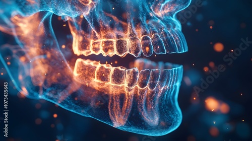 3D dental x-ray visualization showing human jaw anatomy with blue and orange glowing effects on dark background, featuring detailed medical cross-section view. photo