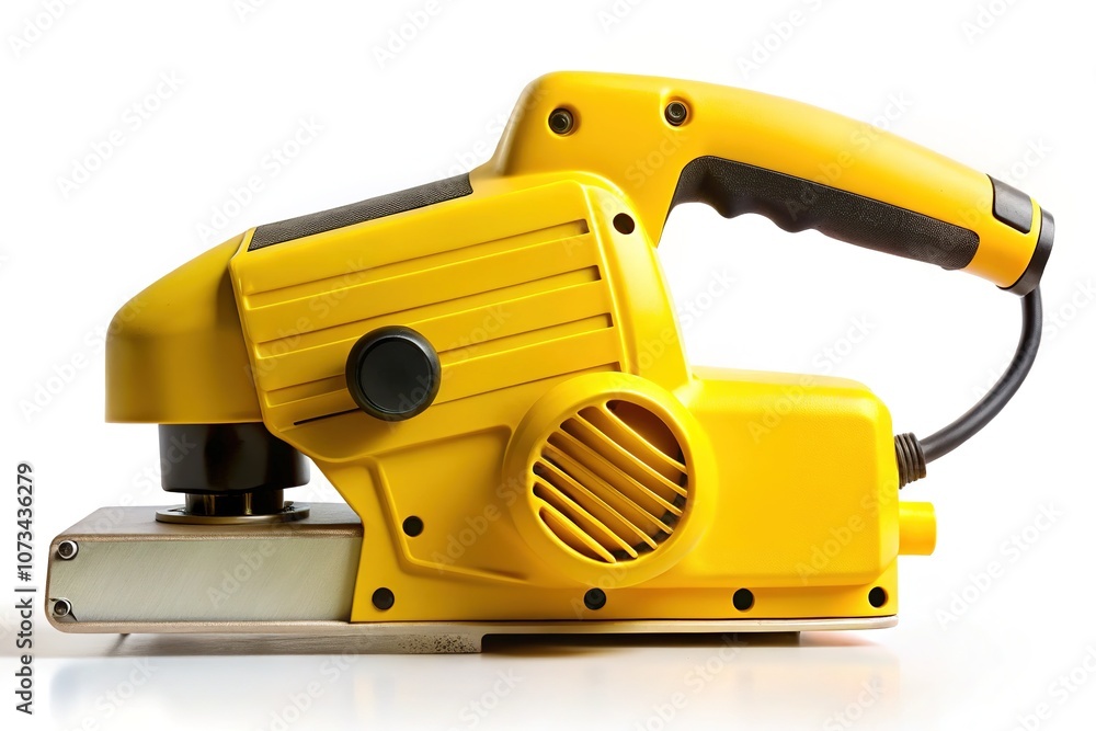 Fototapeta premium A stark, industrial silhouette of a yellow belt sander set against a clean white backdrop.
