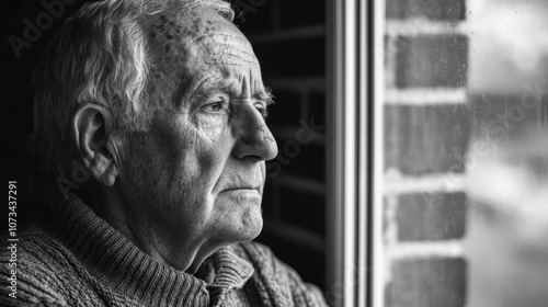 Thoughtful Elderly Man in Natural Light, Black and White Photography