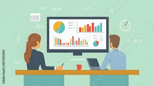 Business illustration showing two people analyzing data with presentation screen, featuring charts and graphs on light green background in flat vector art style. photo