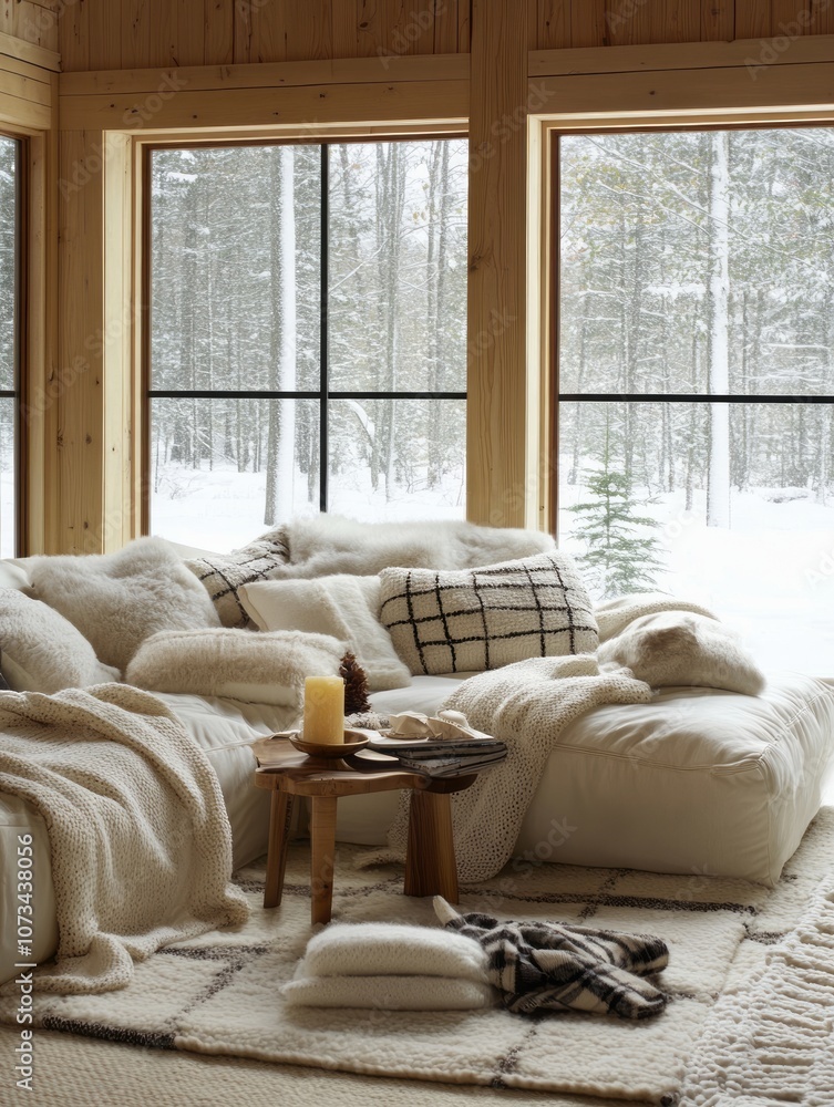 Cozy Cabin Living Room with Snowy Forest View Cozy Cabin Living Room with Snowy Forest View
