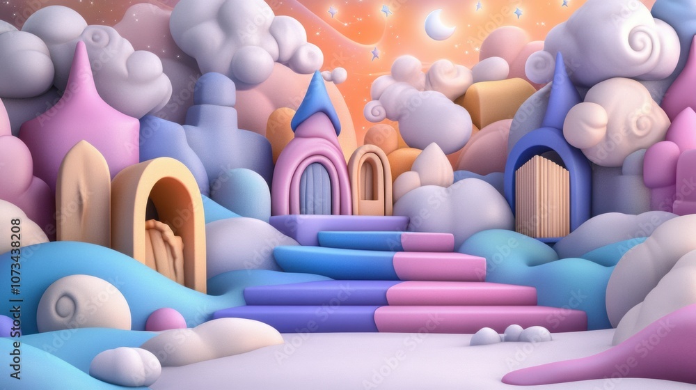 Obraz premium Whimsical pastel fantasy landscape with dreamy clouds and colorful structures, AI