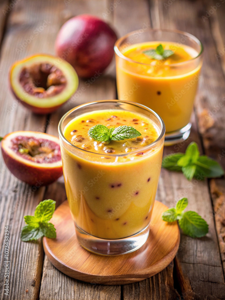 Passion fruits cool, in the glass on the wooden table Passion fruits cool, in the glass on the wooden table