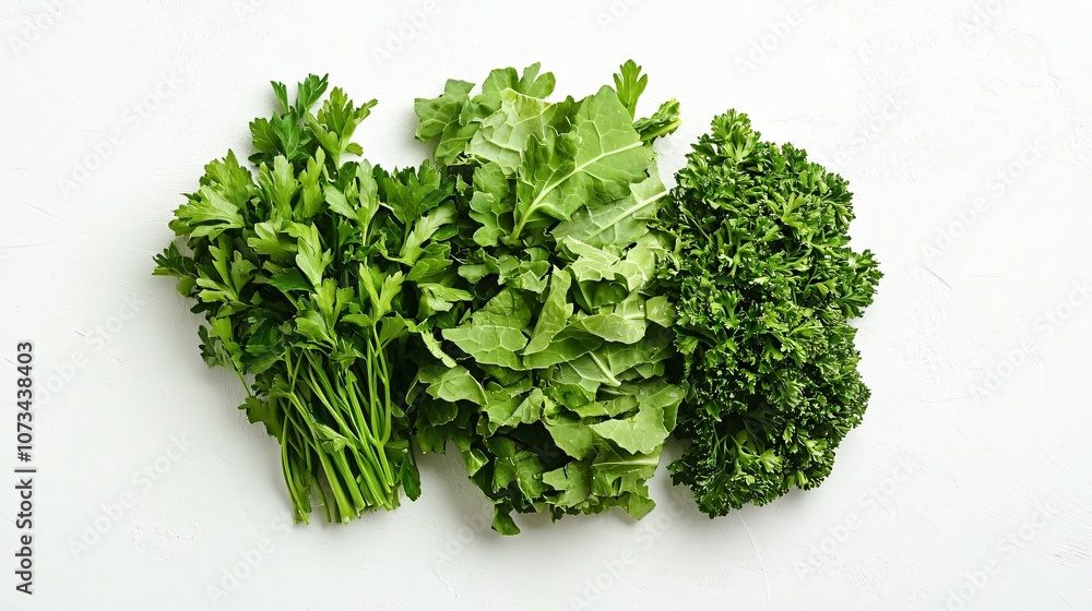 Obraz premium Shredded green cabbage with vibrant leaf detail, isolated on a white linen background with parsley sprigs