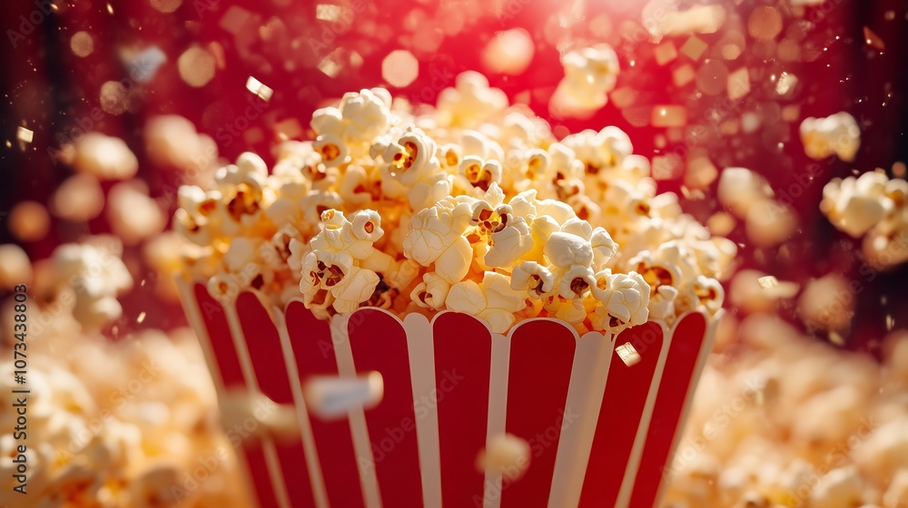 A vibrant box of buttery popcorn shines against a red backdrop, capturing the essence of movie night! A vibrant box of buttery popcorn shines against a red backdrop, capturing the essence of movie night!