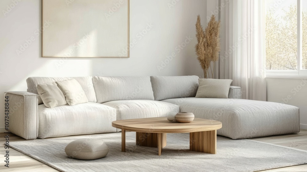 Fototapeta premium Minimalist Living Room with White Sectional Sofa and Wooden Coffee Table