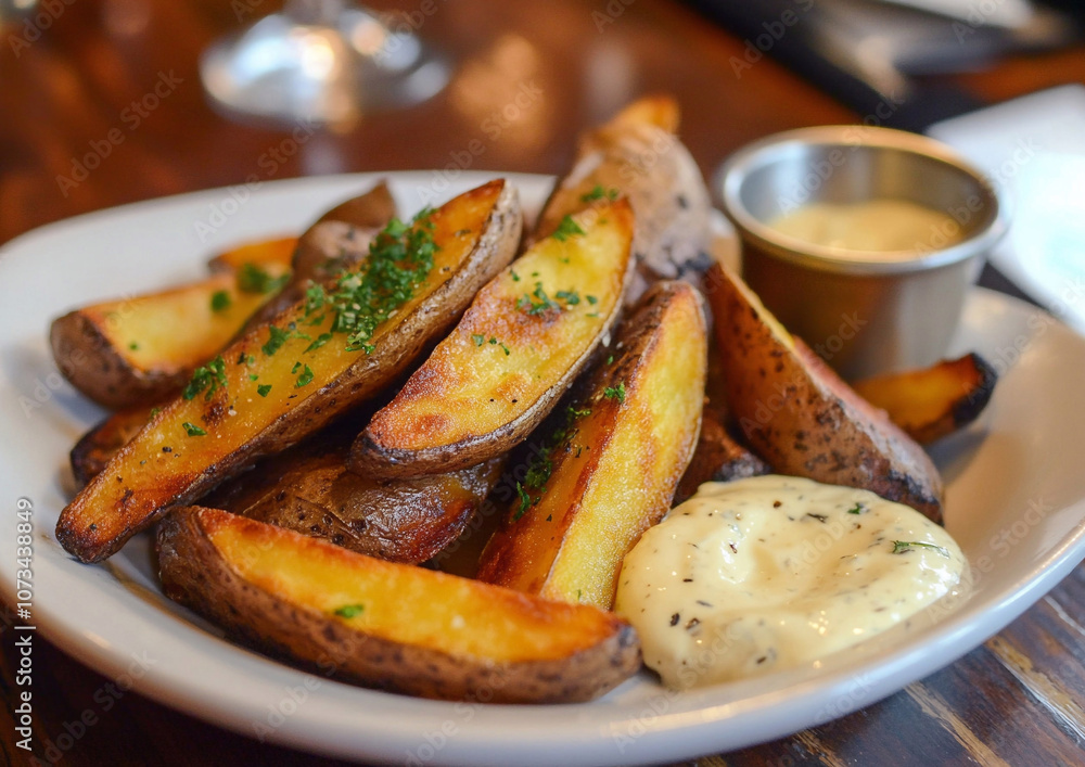 Plate with fresh potato wedges snack with salt and pepper in fast food restaurant.Macro.AI Generative. Plate with fresh potato wedges snack with salt and pepper in fast food restaurant.Macro.AI Generative.