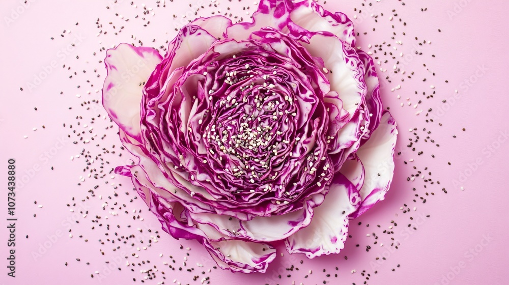 Obraz premium Thinly sliced cabbage in a floral shape, isolated on a pastel background with sesame and chia seeds