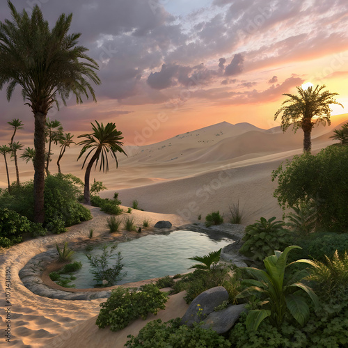 A mystical desert oasis, hidden beneath swirling sands, offers a serene refuge.