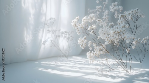 Delicate white baby's breath flowers photographed against pure white background with soft window light creating gentle shadows in minimalist, ethereal composition.
 photo