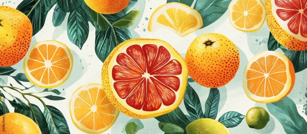 A vibrant mix of whole and sliced citrus fruits including orange, lemon, grapefruit, and lime surrounded by green leaves. A vibrant mix of whole and sliced citrus fruits including orange, lemon, grapefruit, and lime surrounded by green leaves.