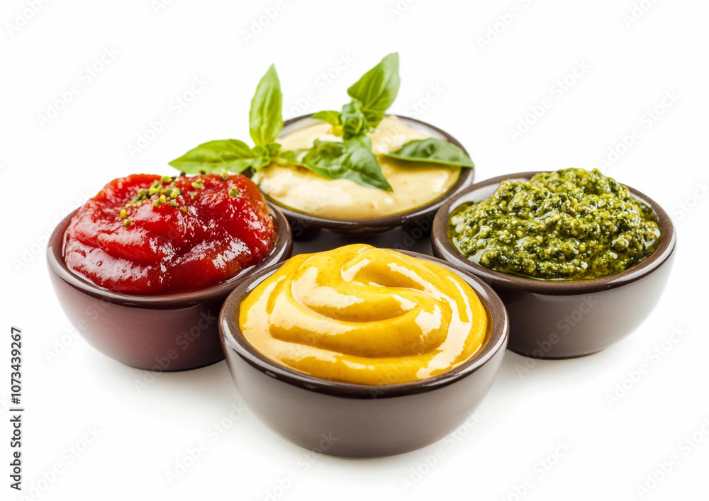 Various bowl plates of different dip sauces with herbs on white background.Macro.AI Generative.