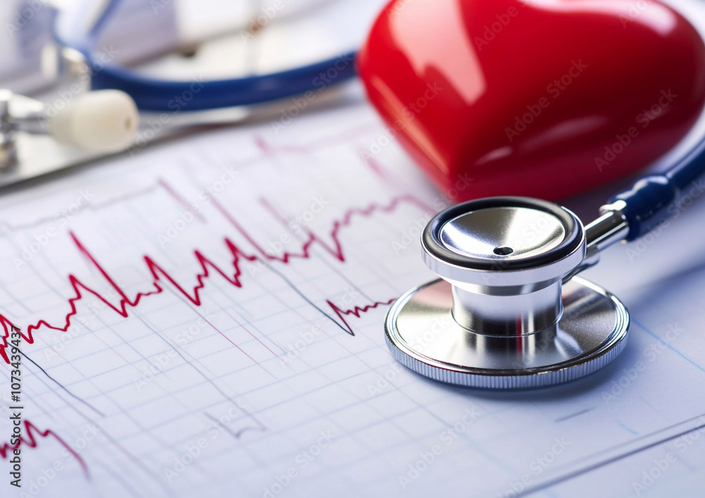 Concept of cardiology problem disease with heart and stethoscope on table.Macro.AI Generative. Concept of cardiology problem disease with heart and stethoscope on table.Macro.AI Generative.