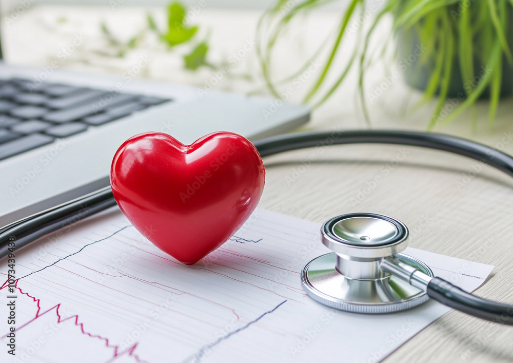 Cardiologist cabinet with heart and stethoscope on table for cardio exam.Macro.AI Generative. Cardiologist cabinet with heart and stethoscope on table for cardio exam.Macro.AI Generative.
