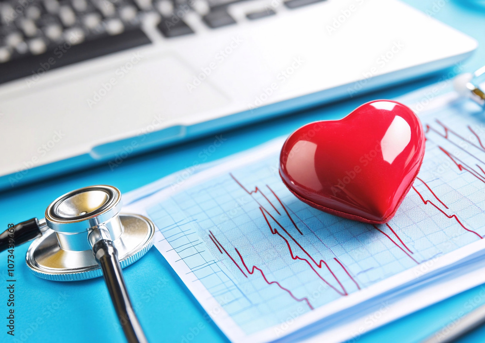Concept of cardiology problem disease with heart and stethoscope on table.Macro.AI Generative. Concept of cardiology problem disease with heart and stethoscope on table.Macro.AI Generative.