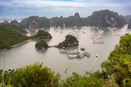 Beautiful landscape of Ha Long bay in Vietnam with many islands and boats