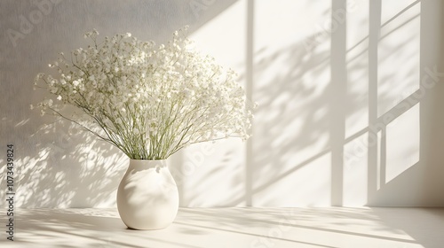 Delicate white baby's breath flowers photographed against pure white background with soft window light creating gentle shadows in minimalist, ethereal composition.
 photo