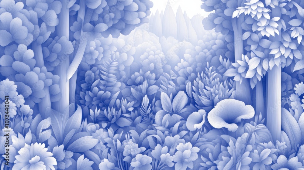 Serene blue forest illustration with lush foliage and towering trees, AI Serene blue forest illustration with lush foliage and towering trees, AI