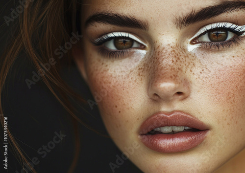 Studio beauty portrait of beautiful woman with soft natural skin and white eye line makeup on black background.Macro.AI Generative. photo