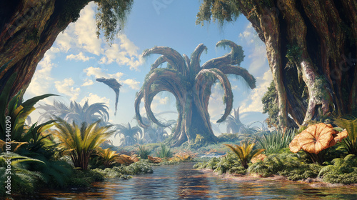 exotic plants and creatures with unique forms and colors, sharp focus on the alien environment and its diverse inhabitants, highlighting the creativity of sci-fi world-building photo