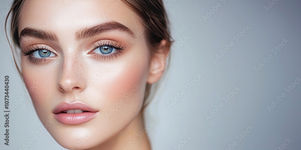 Fototapeta premium Beauty portrait of beautiful young woman model with natural makeup and perfect skin.Macro.AI Generative.