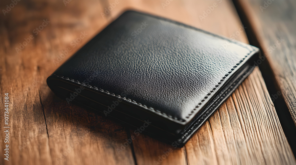 A premium black leather wallet with a smooth finish, resting on a rustic wooden surface under soft natural light.
A premium black leather wallet with a smooth finish, resting on a rustic wooden surface under soft natural light.